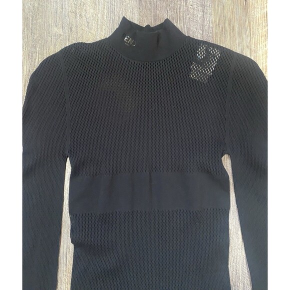 Fendi Black Mesh Mock Neck Logo Bodysuit Women’s Medium Tech Knit Italy FF - Picture 4 of 16